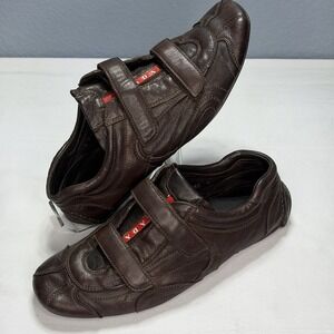Prada Men 8 Leather Driving Shoes Double Strap Sport Brown Italian Trainer